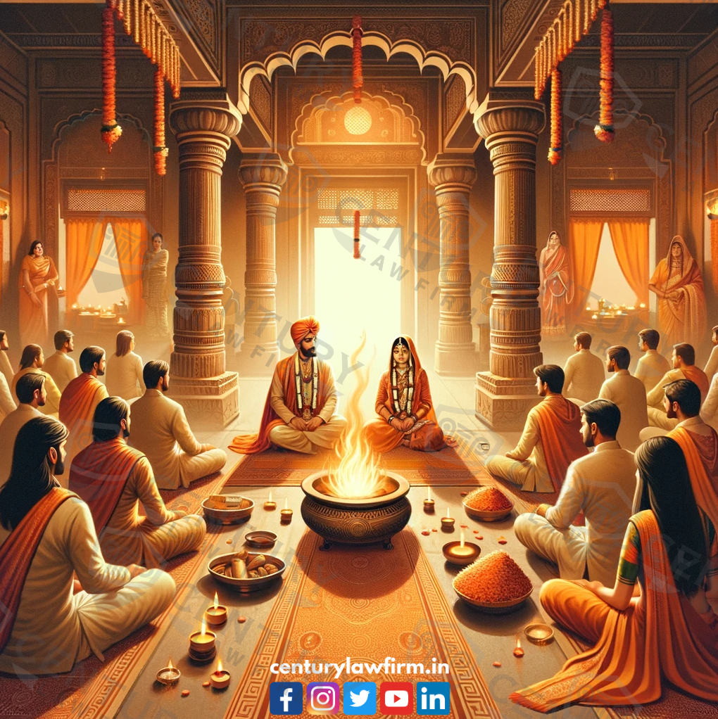 Traditional Arya Samaj marriage ceremony in Delhi with a couple performing Vedic rituals in front of a sacred fire, emphasizing cultural and spiritual significance.