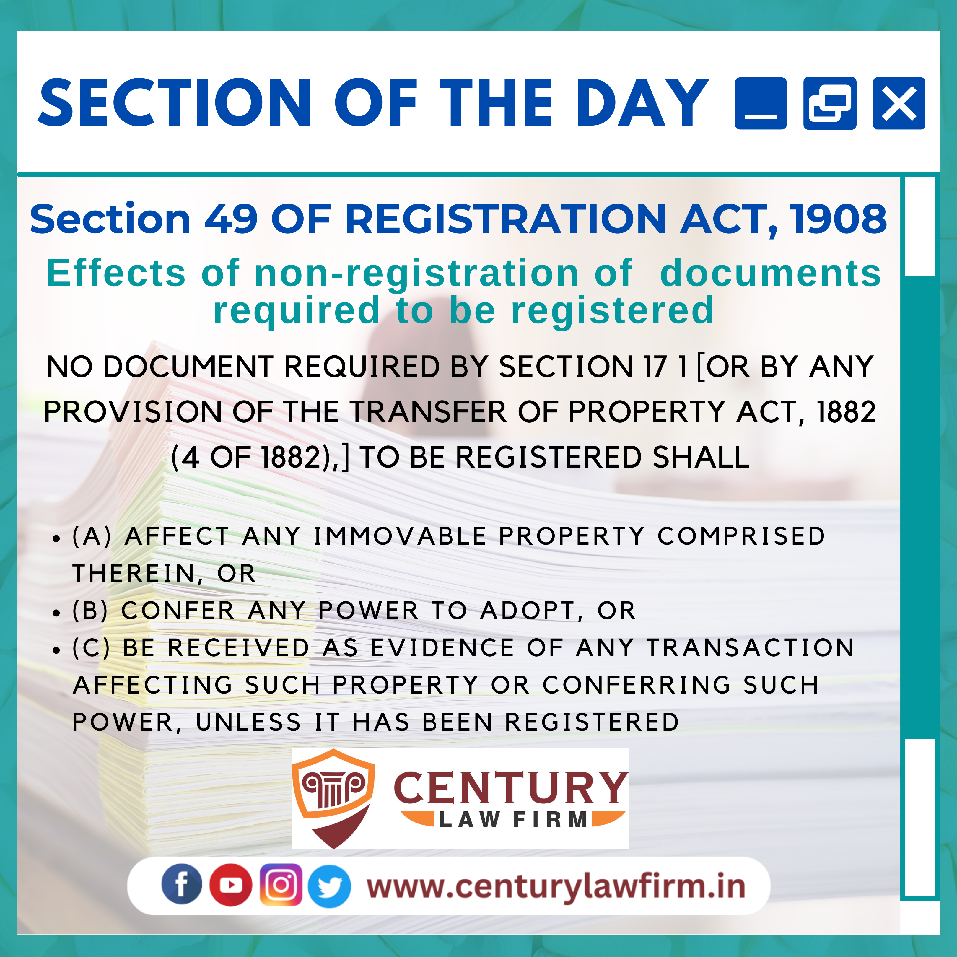 Section 49 OF REGISTRATION ACT, 1908 - Effects of Non-Registration of Documents Required to be Registered