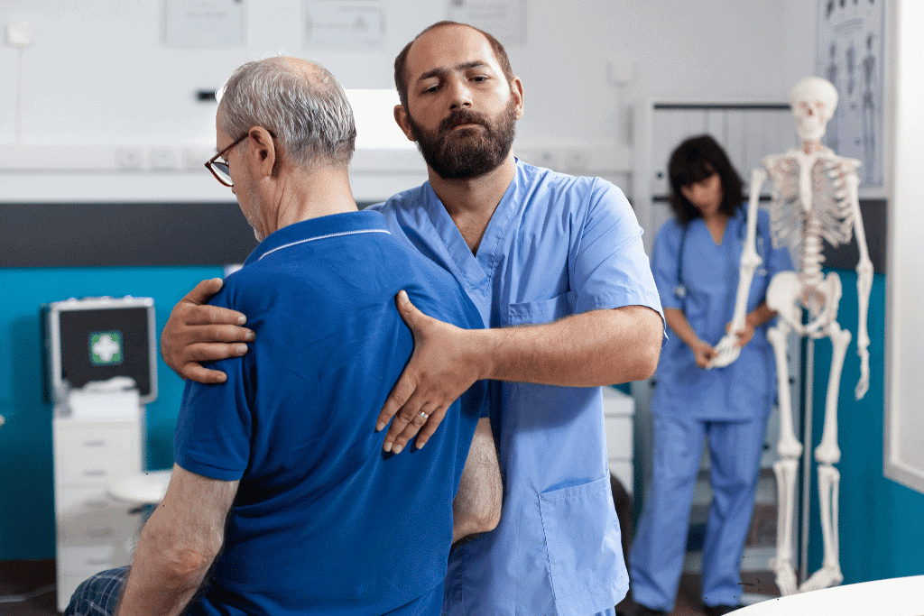 Emotional healthcare professional comforting elderly patient in medical office.